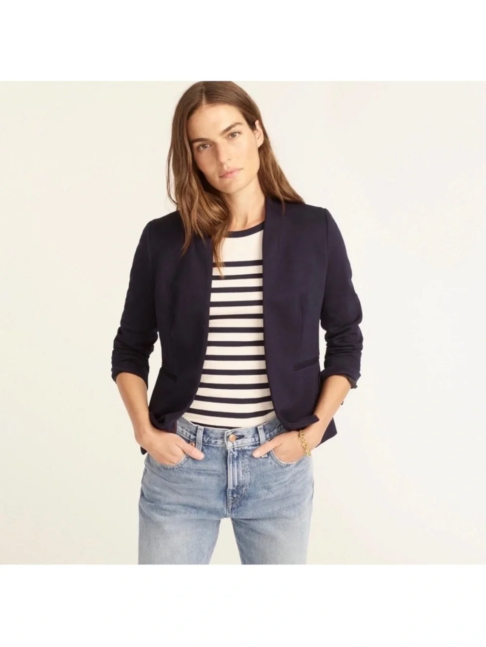 J. Crew Going Out Navy Blue Stretch Twill Slim Cut Open Front Blazer Jacket 12